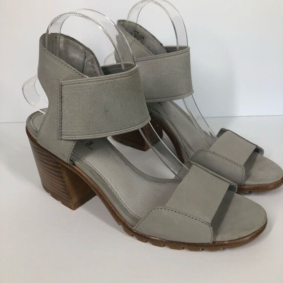 Sorel Nadia Dove Grey Sandals Nubuck Leather Ankle Strap Block Heel Lug Sole 9 - Picture 1 of 9